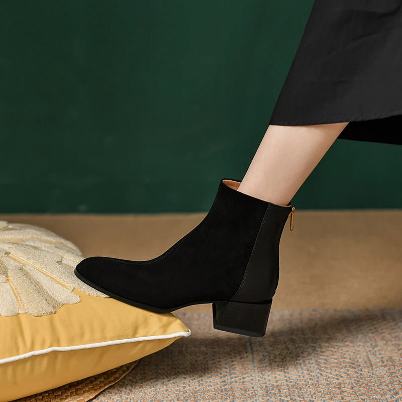 Genuine Sheep Leather Suede Retro High Heels Women's Ankle Boots With Back Zipper