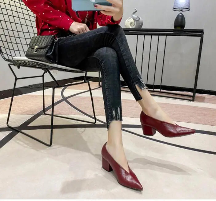 Pointed Toe Leather  V Cut Pump Kitten Heel or Chunky Heel Shoes