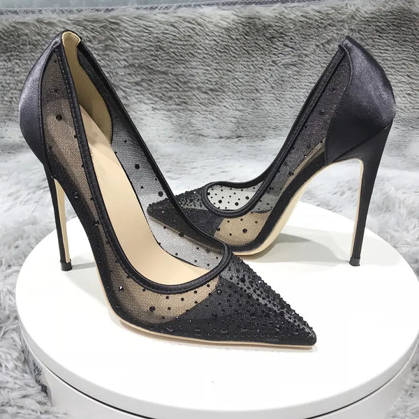 Women's Rhinestone Beaded Mesh High Heel Shoes - Frimunt Clothing Co.