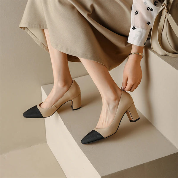 Duo Tone Women Genuine Leather Thick Heels Pumps - Frimunt Clothing Co.