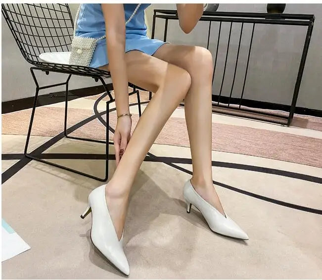 Pointed Toe Leather  V Cut Pump Kitten Heel or Chunky Heel Shoes