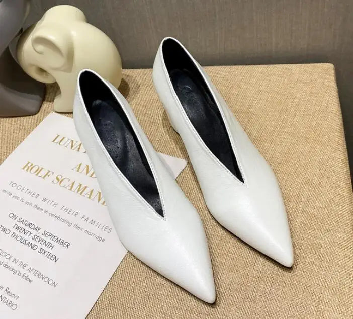 Pointed Toe Leather  V Cut Pump Kitten Heel or Chunky Heel Shoes