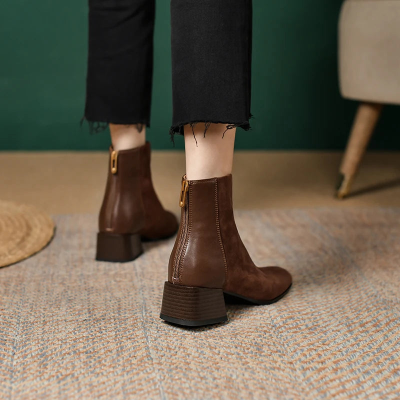 Genuine Sheep Leather Suede Retro High Heels Women's Ankle Boots With Back Zipper