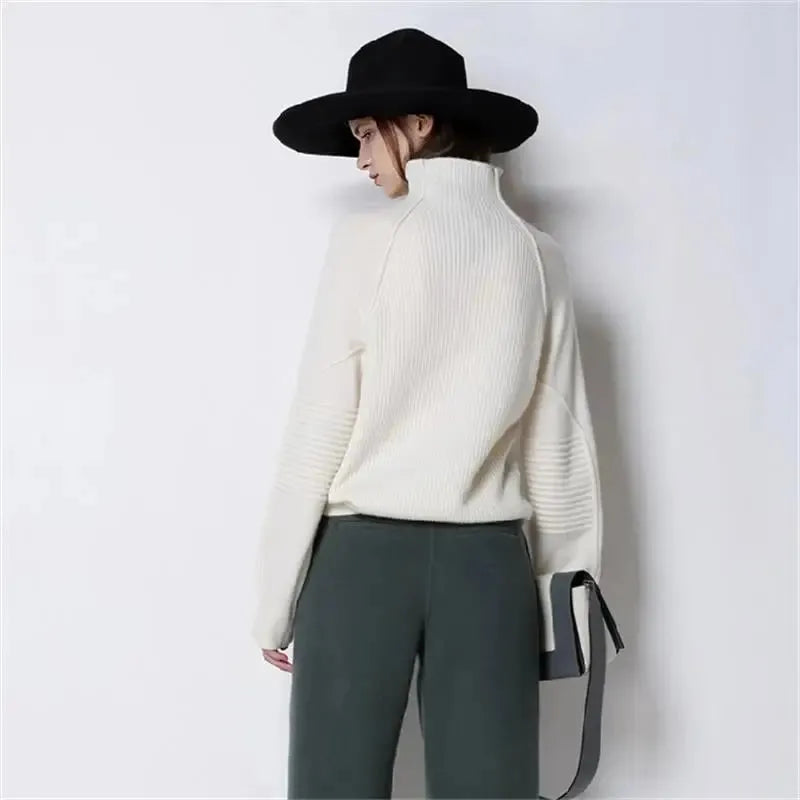 Cashmere Wool Blend Women's Ribbed Knit Turtleneck Sweater - Frimunt Clothing Co.