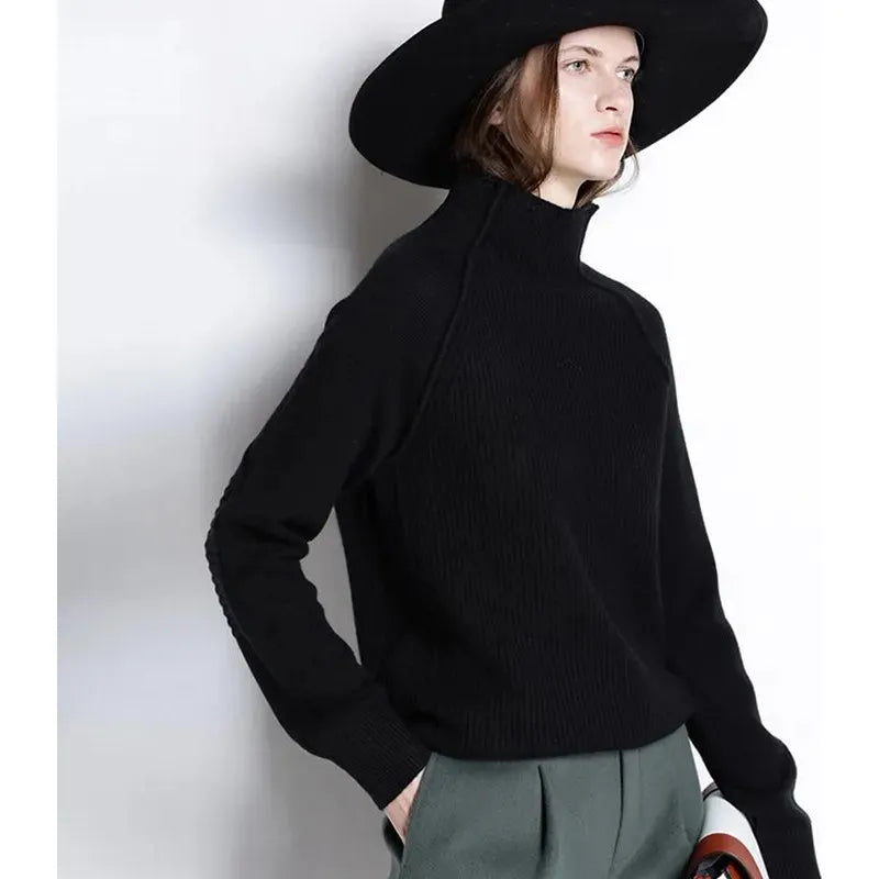 Cashmere Wool Blend Women's Ribbed Knit Turtleneck Sweater - Frimunt Clothing Co.