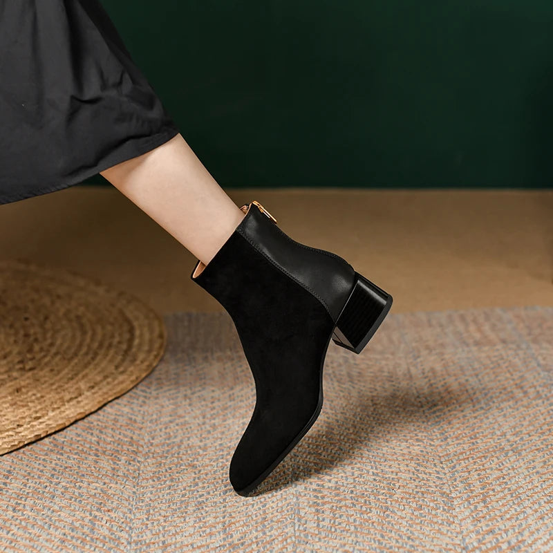 Genuine Sheep Leather Suede Retro High Heels Women's Ankle Boots With Back Zipper