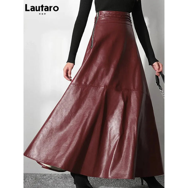 A Line Soft Faux Leather Skirt Women High Waist Stylish Maxi Skirts