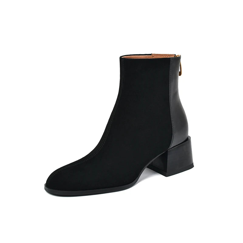 Genuine Sheep Leather Suede Retro High Heels Women's Ankle Boots With Back Zipper
