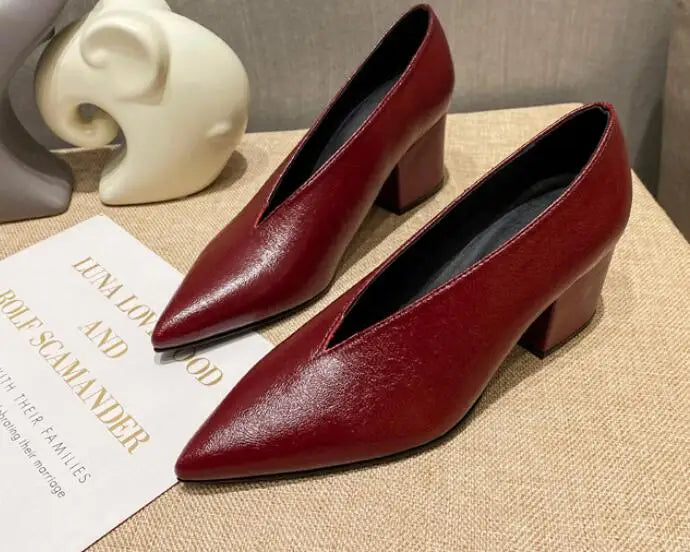 Pointed Toe Leather  V Cut Pump Kitten Heel or Chunky Heel Shoes