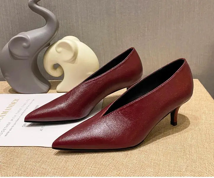 Pointed Toe Leather  V Cut Pump Kitten Heel or Chunky Heel Shoes