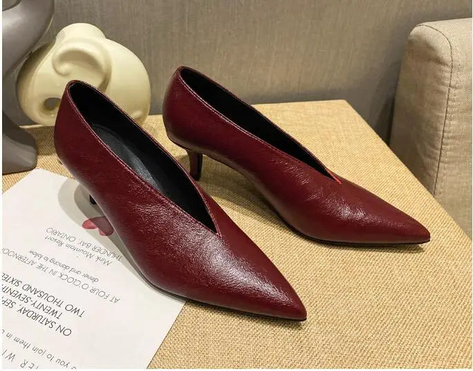 Pointed Toe Leather  V Cut Pump Kitten Heel or Chunky Heel Shoes