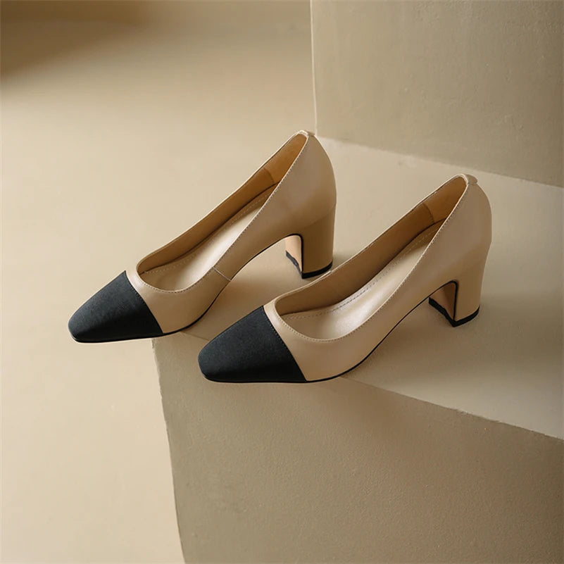 Duo Tone Women Genuine Leather Thick Heels Pumps - Frimunt Clothing Co.
