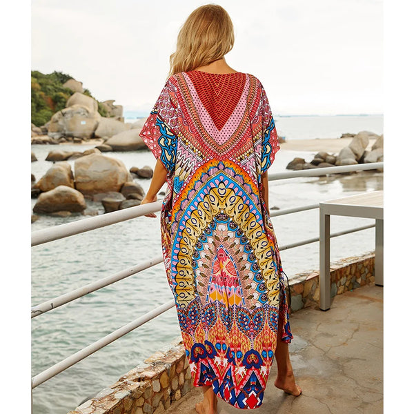 Long Kaftan Beach Cover Up Deep V-Neck Summer Dress Plus Size - Frimunt Clothing Co.