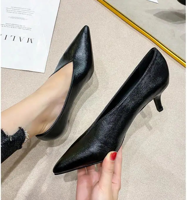 Pointed Toe Leather  V Cut Pump Kitten Heel or Chunky Heel Shoes