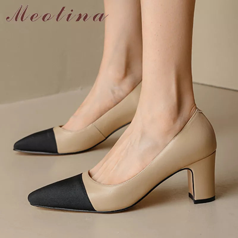 Duo Tone Women Genuine Leather Thick Heels Pumps - Frimunt Clothing Co.