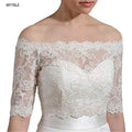 Elegant Lace Back Buttoned 3/4 Sleeve Bridal Off-Shoulders Bolero Jacket - Frimunt Clothing Co.
