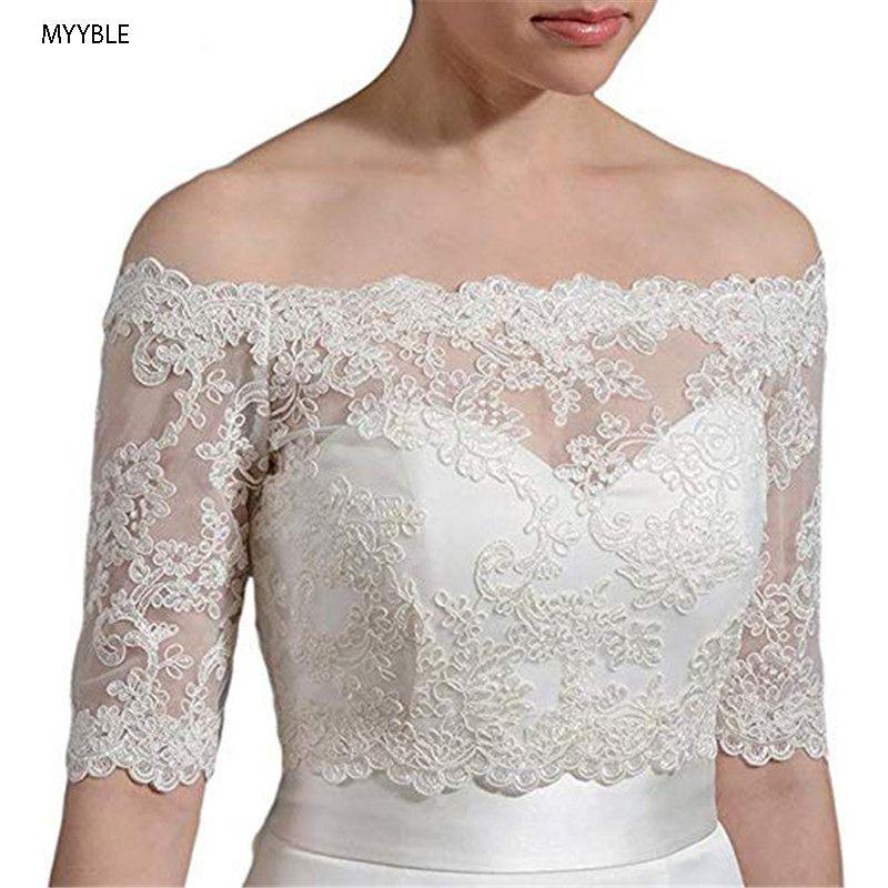 Elegant Lace Back Buttoned 3/4 Sleeve Bridal Off-Shoulders Bolero Jacket - Frimunt Clothing Co.