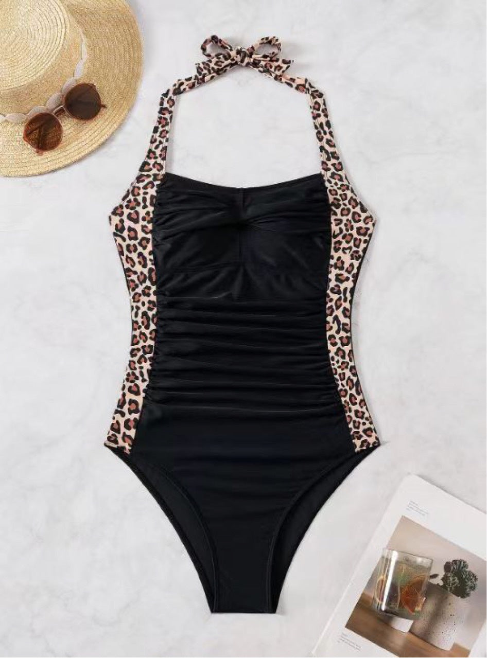 Luxury European Style One-Piece Swimsuit Leopard Print Halter Strap