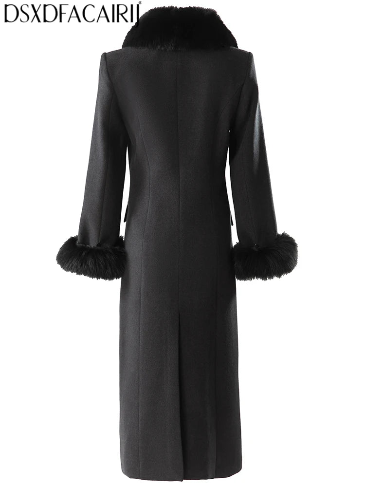 Abrigo de invierno cruzado con cuello de piel desmontable y solapa negra para mujer