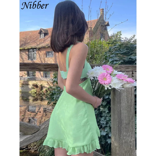 Nibber Solid Color Cutout Mini Sling Dress Backless Ruffle Dress Female2023 - Frimunt Clothing Co.