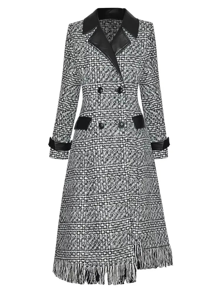 Women's Woolen Plaid Double Breasted With Leather Collar Long Coat