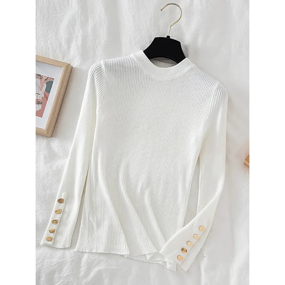 Women's Basic Autumn Winter O-Neck Rib Knit Buttoned Sleeve Sweater - Frimunt Clothing Co.