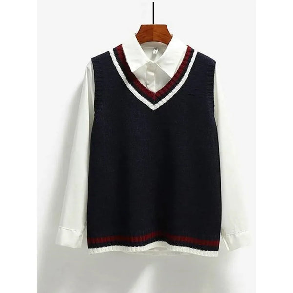 Suéter de punto estilo preppy para mujer, chaleco holgado sin mangas con cuello en V y rayas