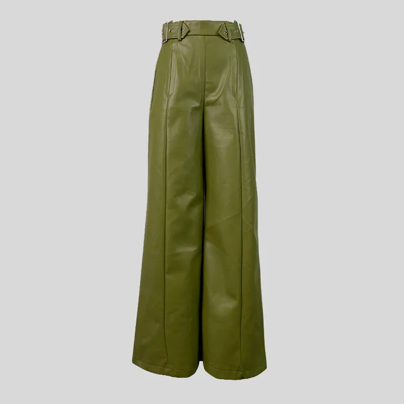 Women's Faux Leather Loose Pleated Pockets Wide Leg Trousers - Frimunt Clothing Co.