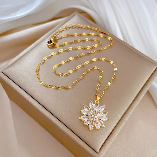 Luxury Zircon Sunflower Pendant Necklace For Women 316L Stainless Steel