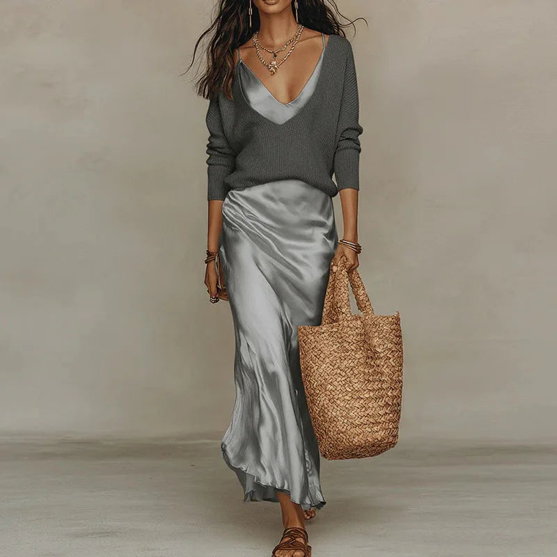 Women V Neck Long Sleeve Knitted Sweater and Satin Long Dress Suit 2026 Spring Solid 2 Piece Outfits