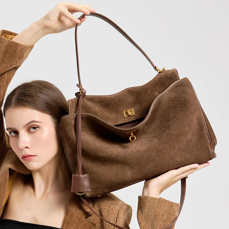 Bolso de ante suave de piel auténtica de gran capacidad para mujer