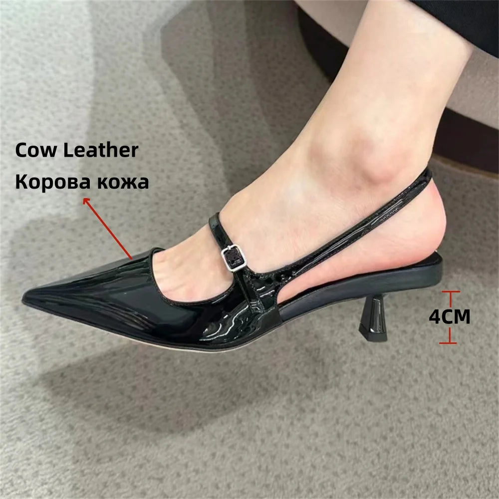 Women's Genuine Leather Slingbacks Kitten Heel Pointed Mary Jane - Frimunt Clothing Co.