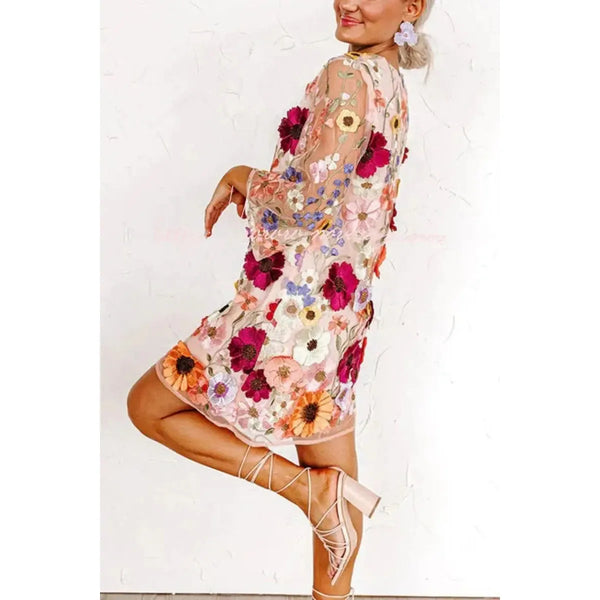 Women's Floral Applique Mini Dress Trendy Style - Frimunt Clothing Co.