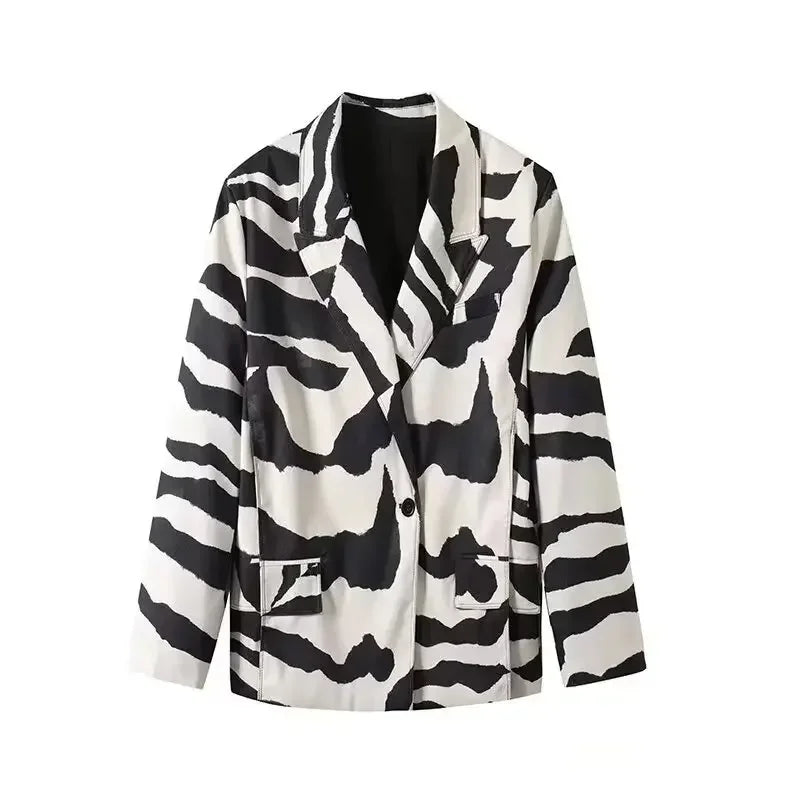 Women's Chic Zebra Stripe Short Coats Lapel V-neck Loose Jackets