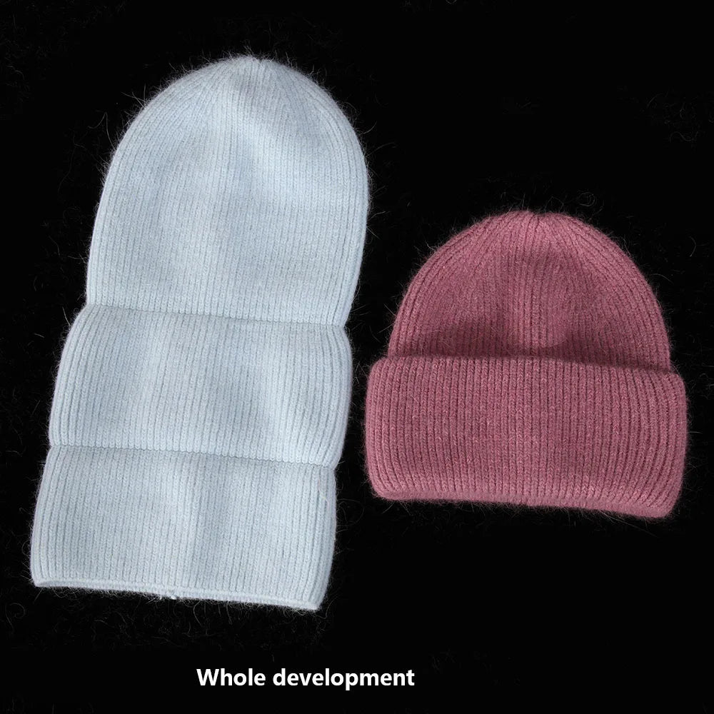 Women's Winter Knit Cuff Hat Real Warm Rabbit Hair Snowflake Pin Solid Colors - Frimunt Clothing Co.