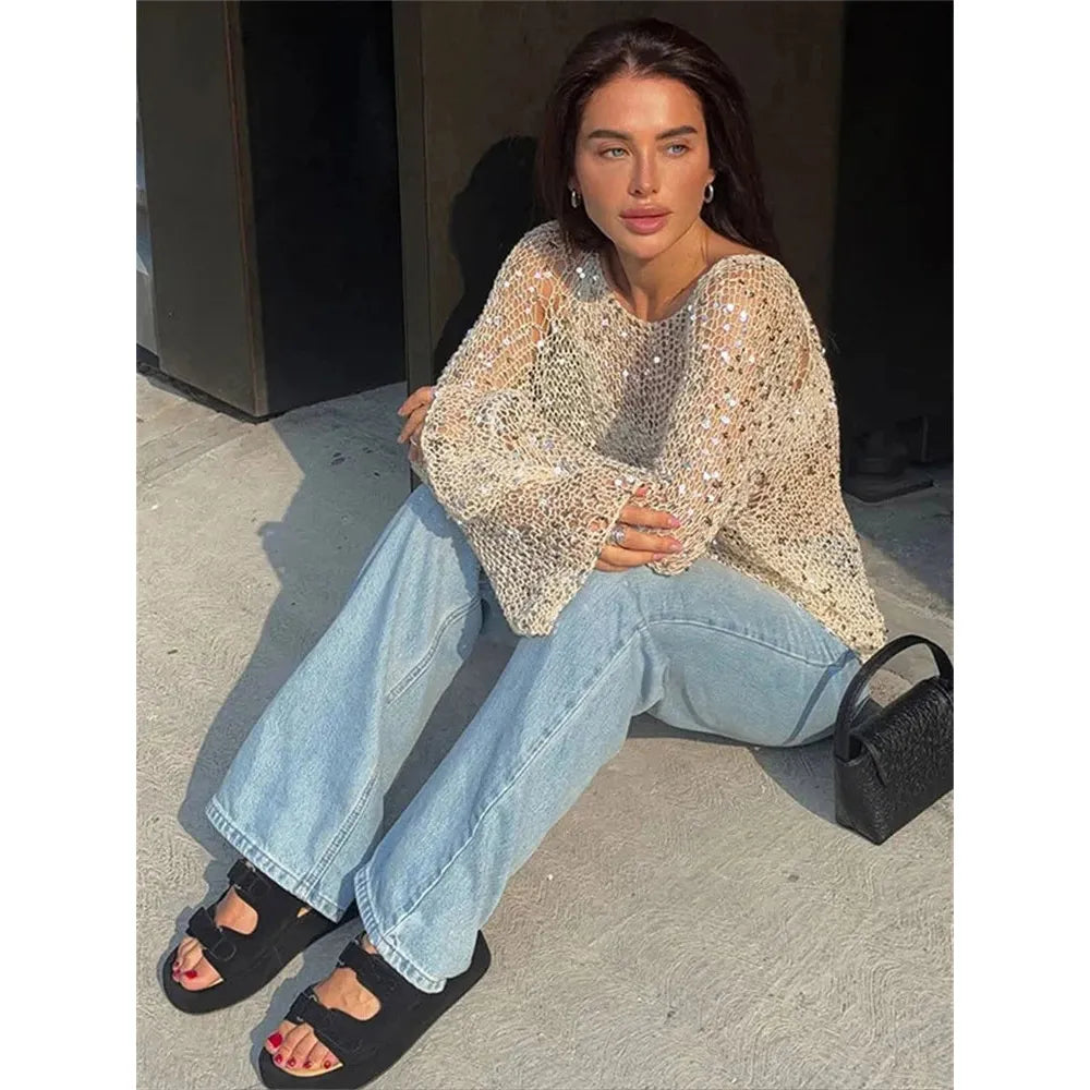 Spring Knit Sequin Loose Fit Beige Pullover Top - Frimunt Clothing Co.