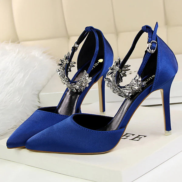 Women's High Heels Satin Shoes With Crystals Ankle Strap - Frimunt Clothing Co.