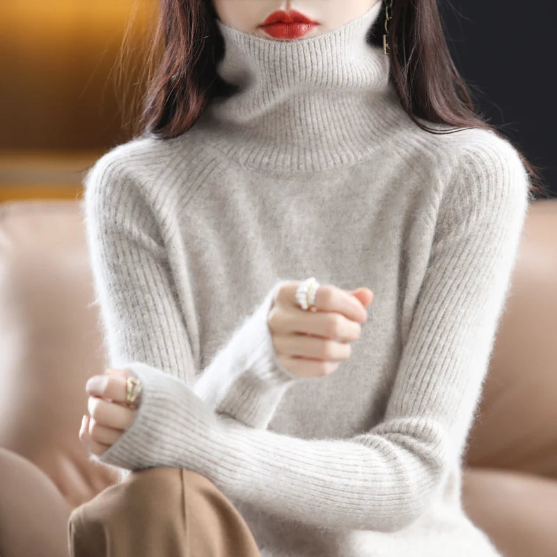 Women's Sweater 100% Mink Cashmere High Neck Knitted Soft Warm