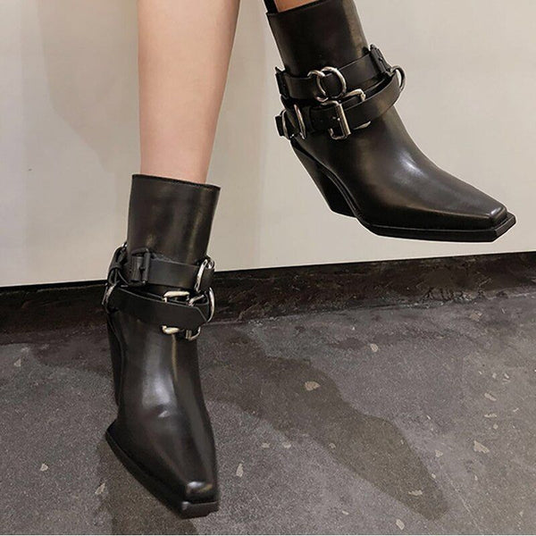 Black Pointed Toe Wedge Heel Ankle Boots Eco Leather Metal Buckle Belt - Frimunt Clothing Co.