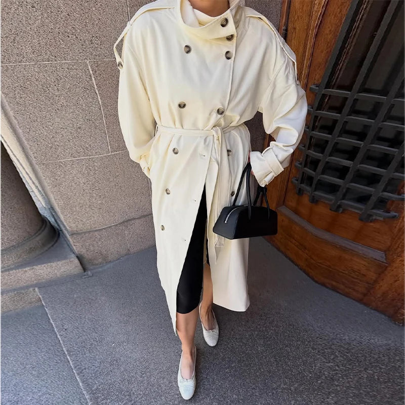 Button Front Women's Stand Collar Long Solid Color Trench Coat