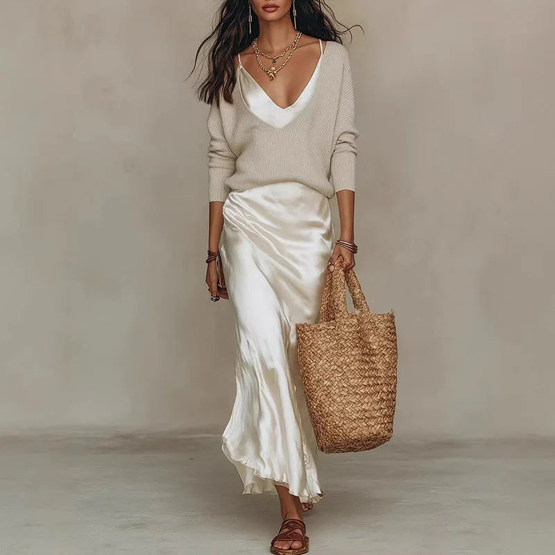 Women V Neck Long Sleeve Knitted Sweater and Satin Long Dress Suit 2026 Spring Solid 2 Piece Outfits