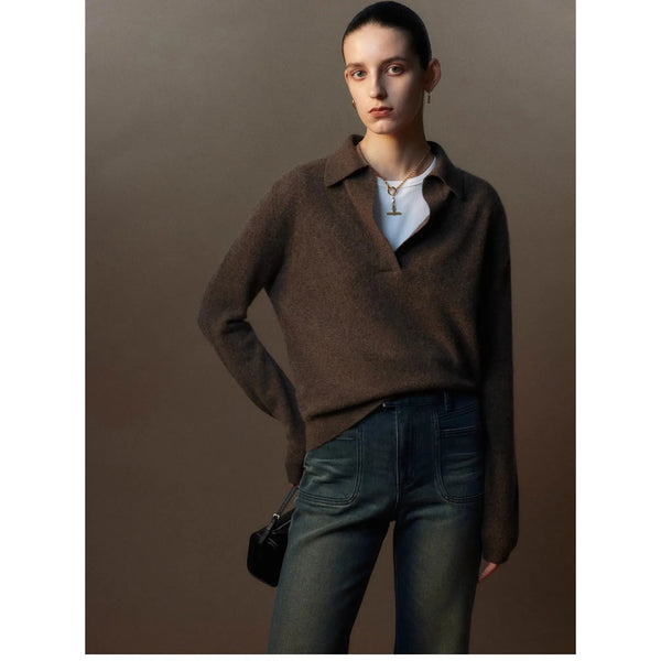 100% Cashmere Polo Scissors Collar Knit Sweater