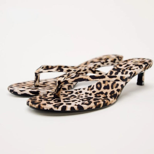 Leopard Print Women Thong Sandals Kitten Heel Slippers