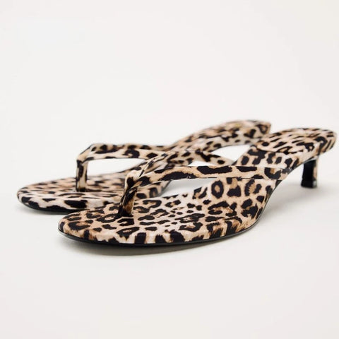 Leopard Print Women Thong Sandals Kitten Heel Slippers