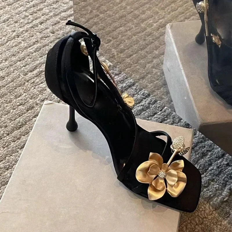 Sculptural Flower High Heel Sandals – Black Strappy Evening Shoes - Frimunt Clothing Co.