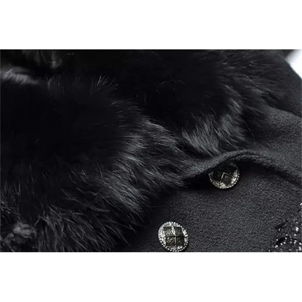 Women's Woolen Thick Coat Removable Fur Collar Strap Waist Glitter Splicing Long Coat