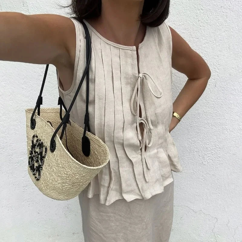 Solid Rib Women Tank Tops Summer  Lace Up Sleeveless Tops