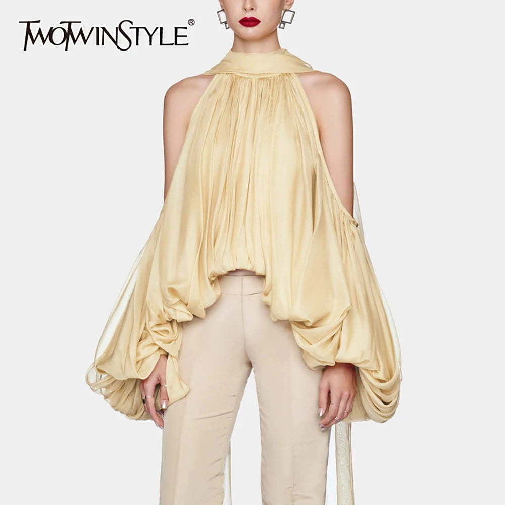 Draped Lantern Sleeve Halter Top – Silk Blend Statement Blouse - Frimunt Clothing Co.