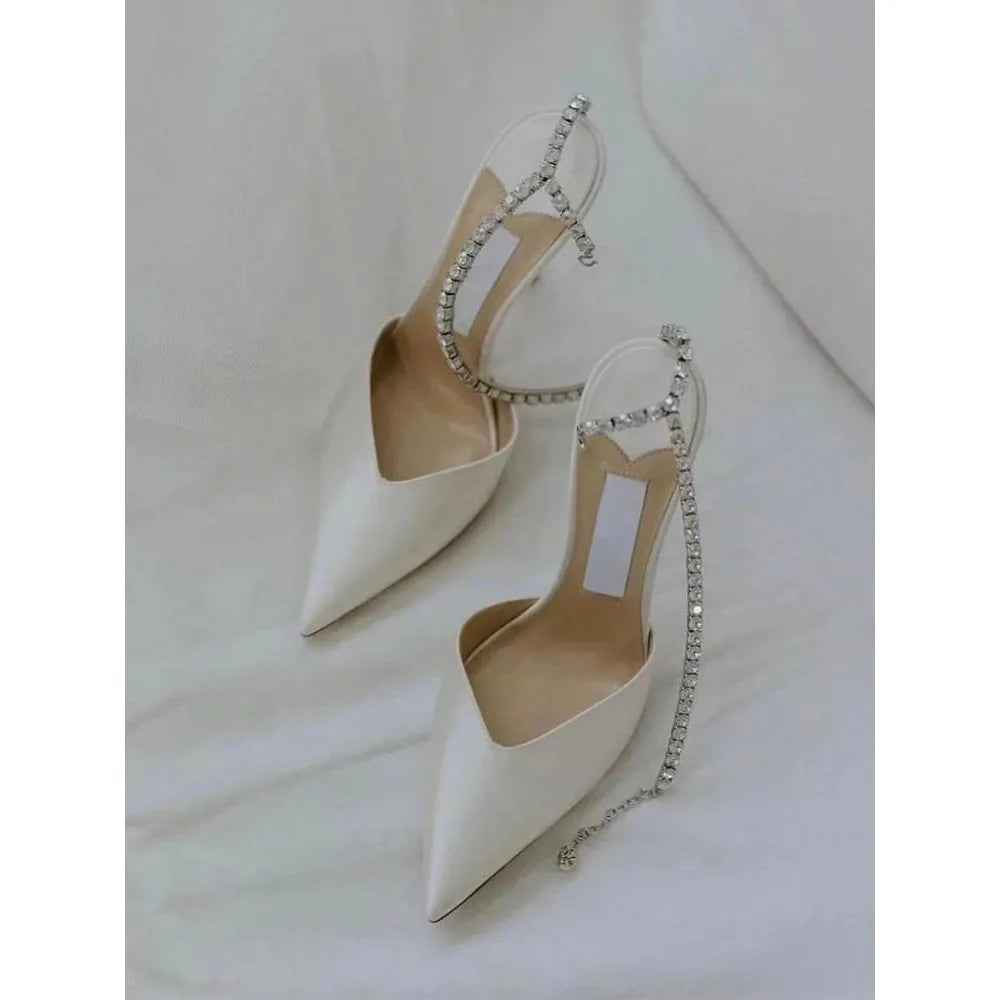 Women's White Satin High Heels Water Diamond Baotou Shoes - Frimunt Clothing Co.