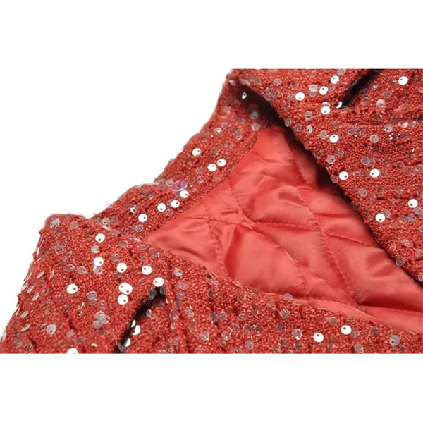 Women's Fur Collar Double Breast Buckle Tie Waist Sequined Long Thick Coat